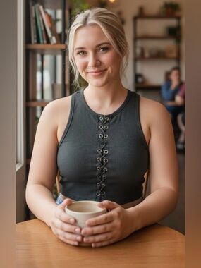 Lace-Up Ribbed Tank Top - Charcoal